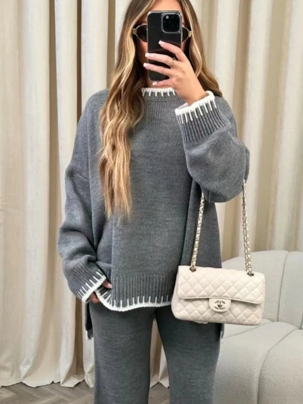 Contrast Trim Round Neck Top Pants Sweater Set (7)