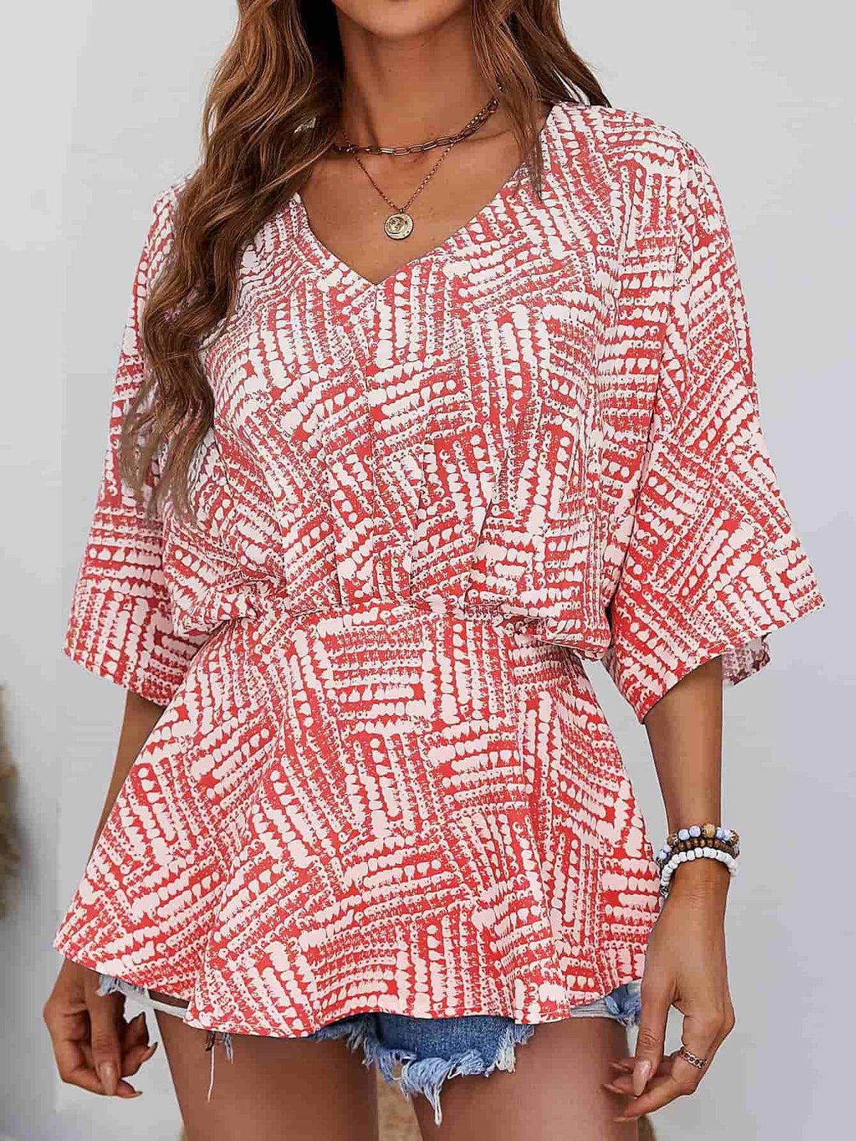Printed V-neck Dolman Sleeve Blouse (6)