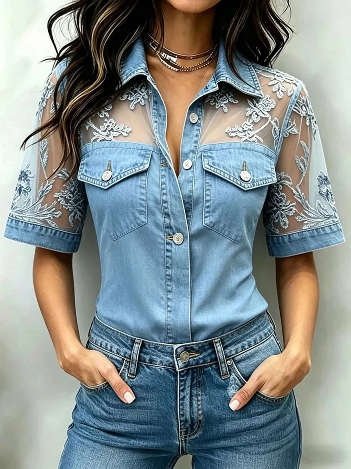 Full Size Denim Look Lace Short Sleeve Shirt Plus