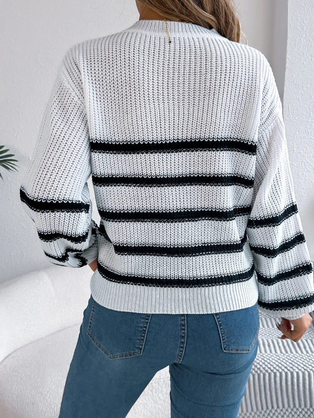 Striped Round Neck Long Sleeve Sweater (2)