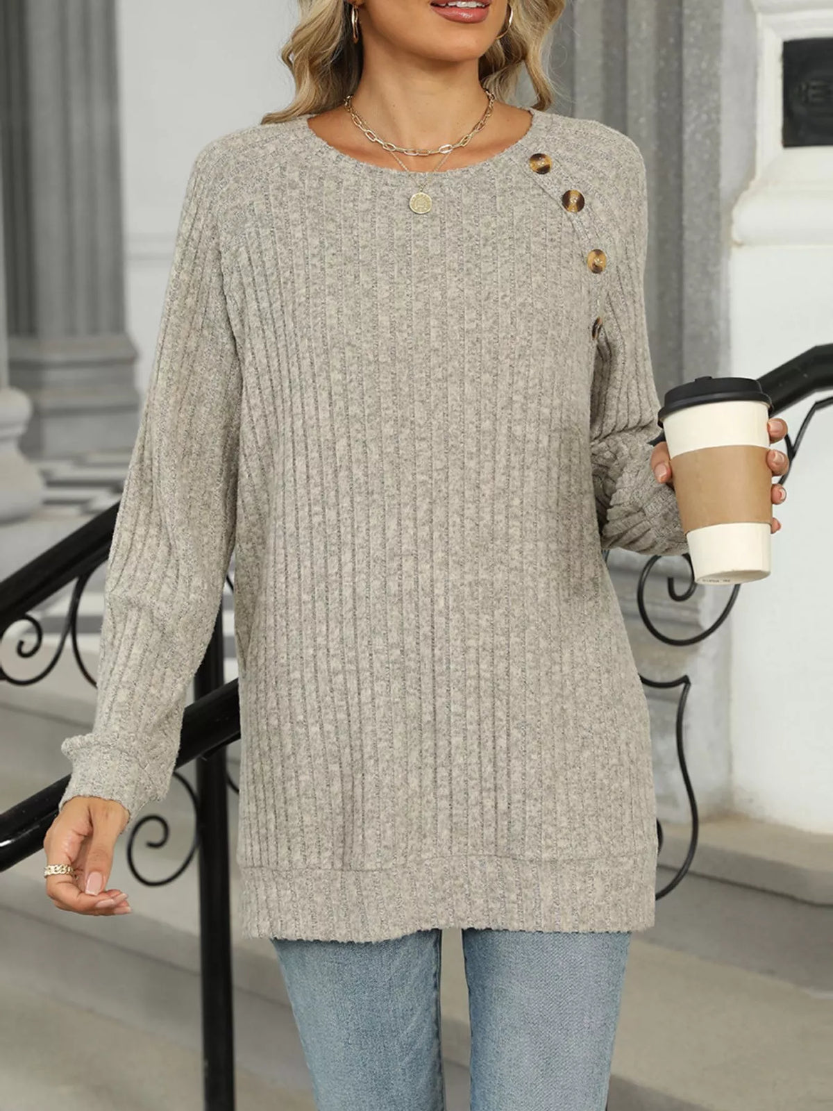 Round Neck Knit Button Top (2)