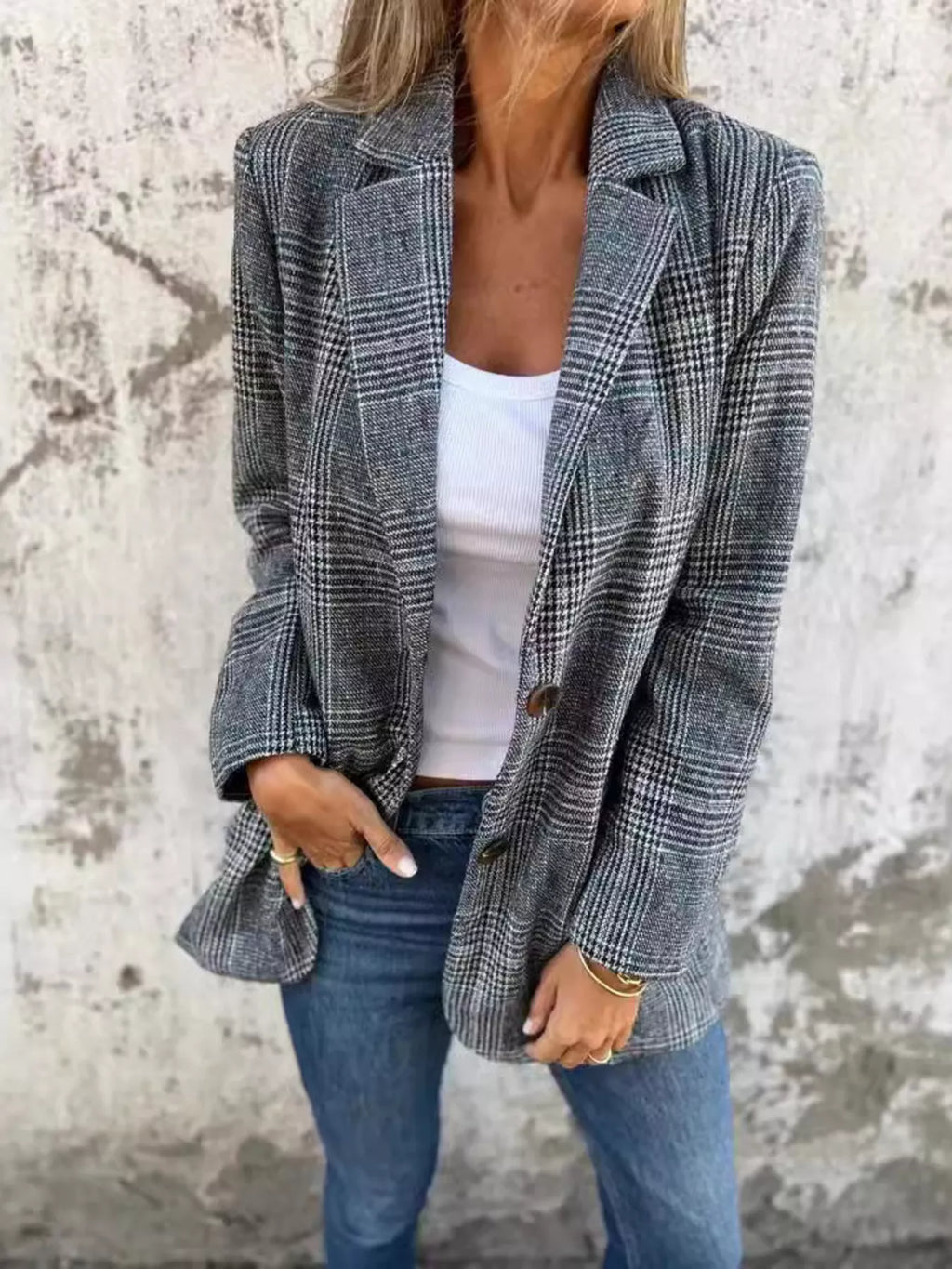 Full Size Plaid Single-breasted Long Sleeve Blazer Plus