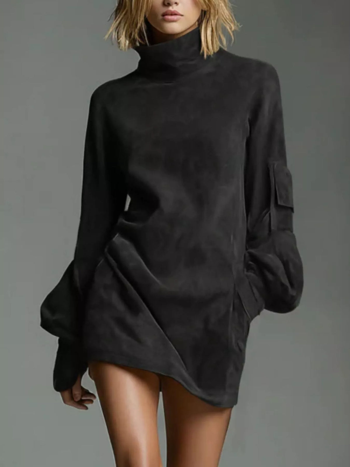 Full Size Suede Turtleneck Lantern Sleeve Mini Dress Plus (9)