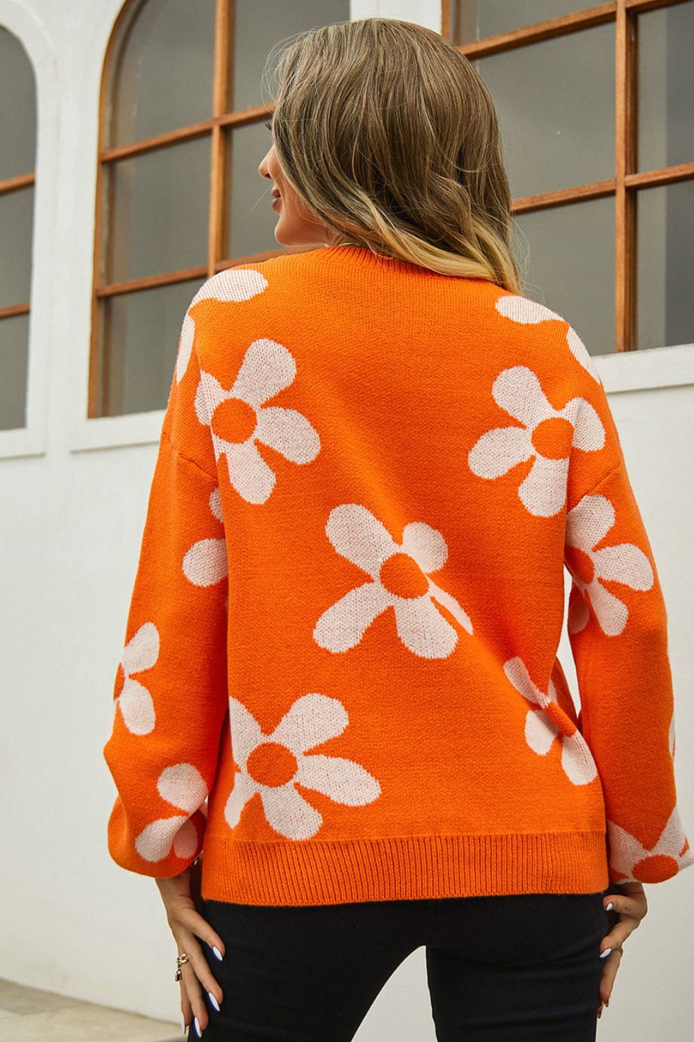 Floral Print Round Neck Dropped Shoulder Pullover Sweater (9)