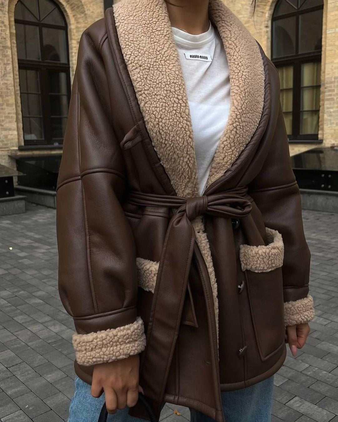 Leather Fur Korean Long Sleeve Splicing Coat variant CJYD192368901AZ|CJYD192368902BY|CJYD192368903CX|CJYD192368904DW