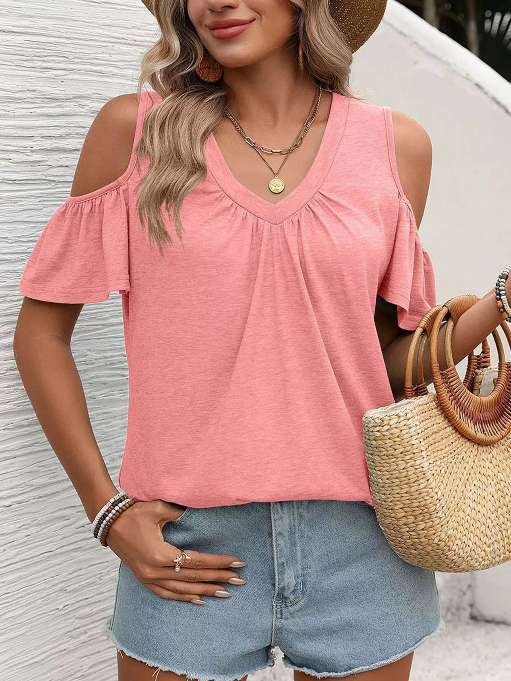 Cold Shoulder V-neck T-shirt (23)