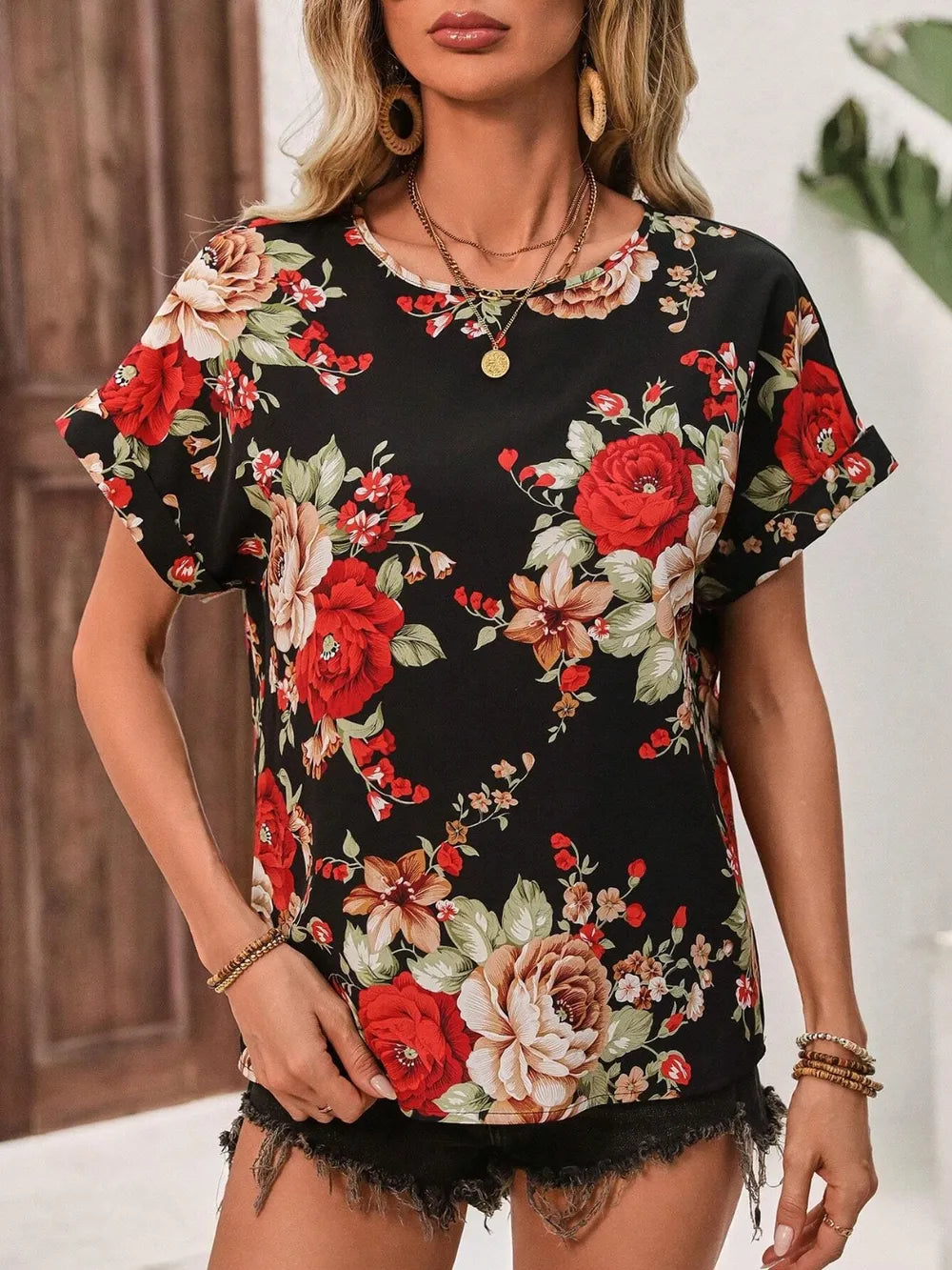Contrast Round Neck Short Sleeve Blouse (13)