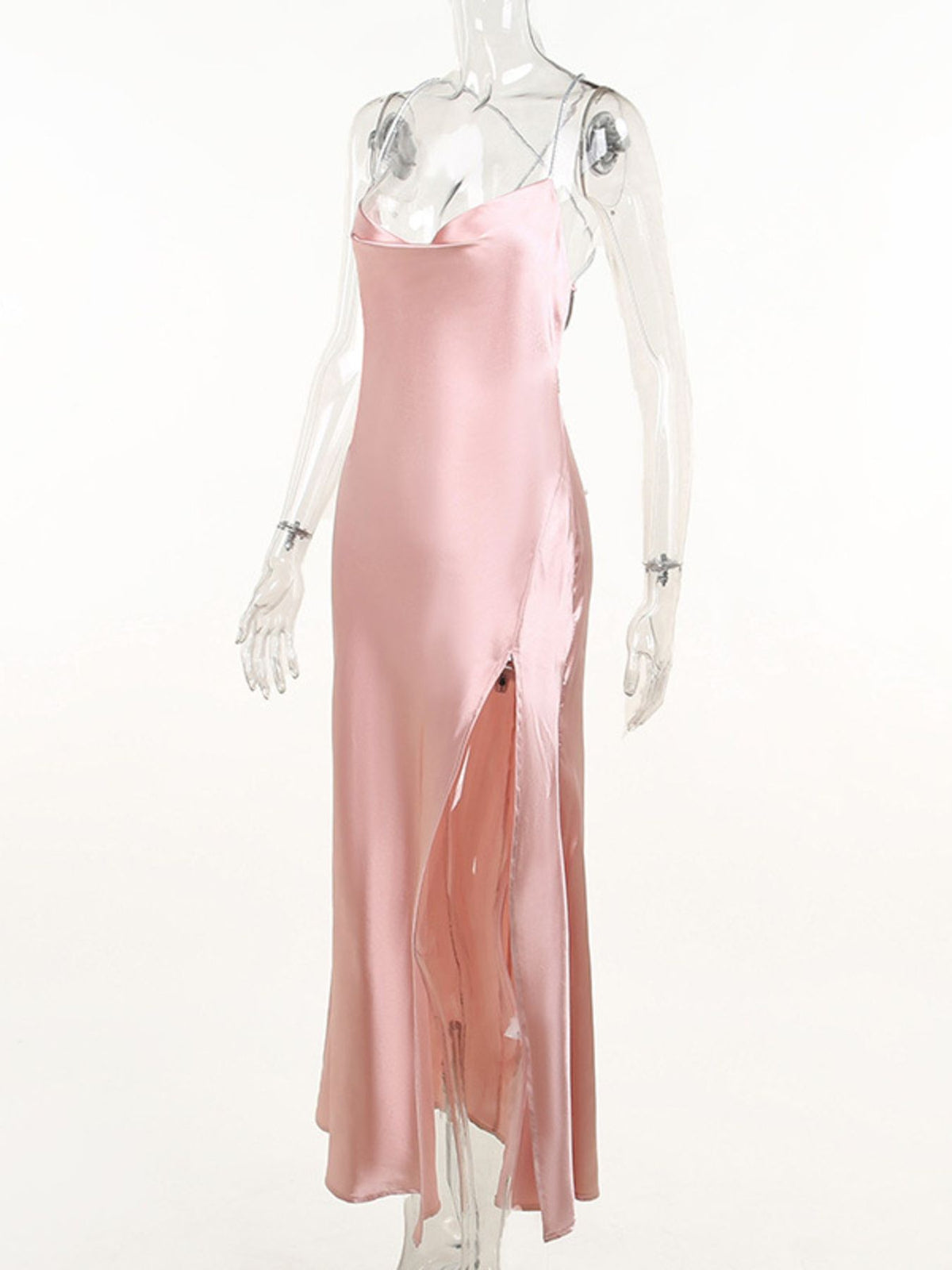 Slinky Satin Cowl Neck High Slit Dress Back Lace Up (12)