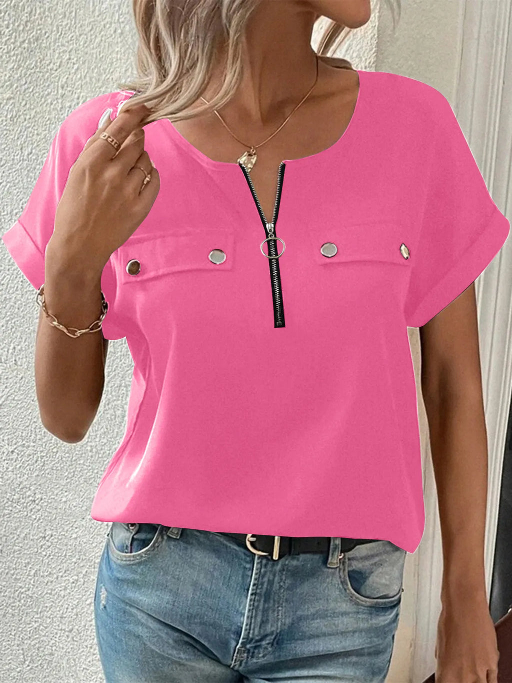 Casual Zipper Front Short Sleeve Blouse (4)