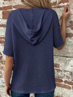 Drawstring Waffle-knit Short Sleeve Hooded Top (26)