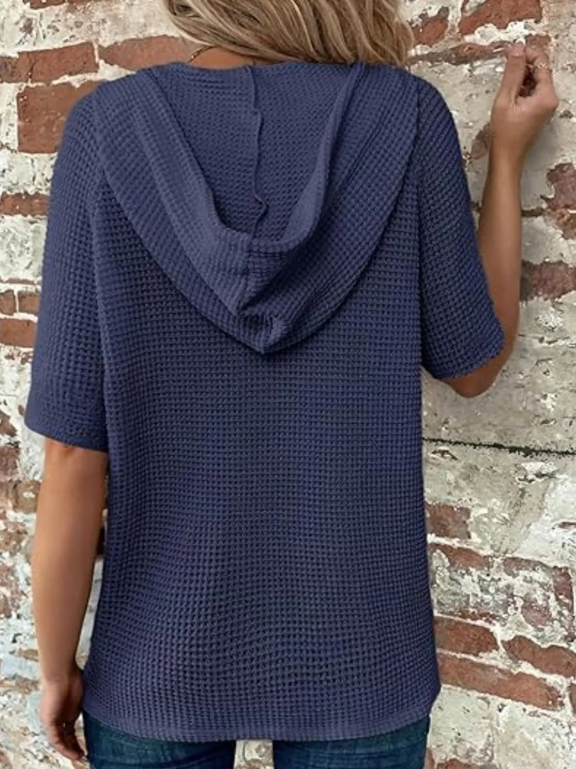 Drawstring Waffle-knit Short Sleeve Hooded Top (26)
