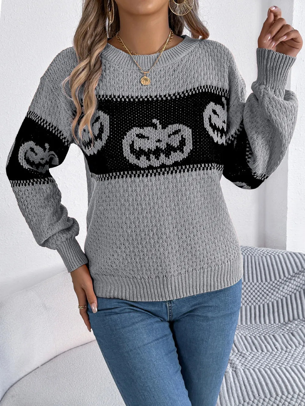 Pumpkin Round Neck Long Sleeve Sweater (15)