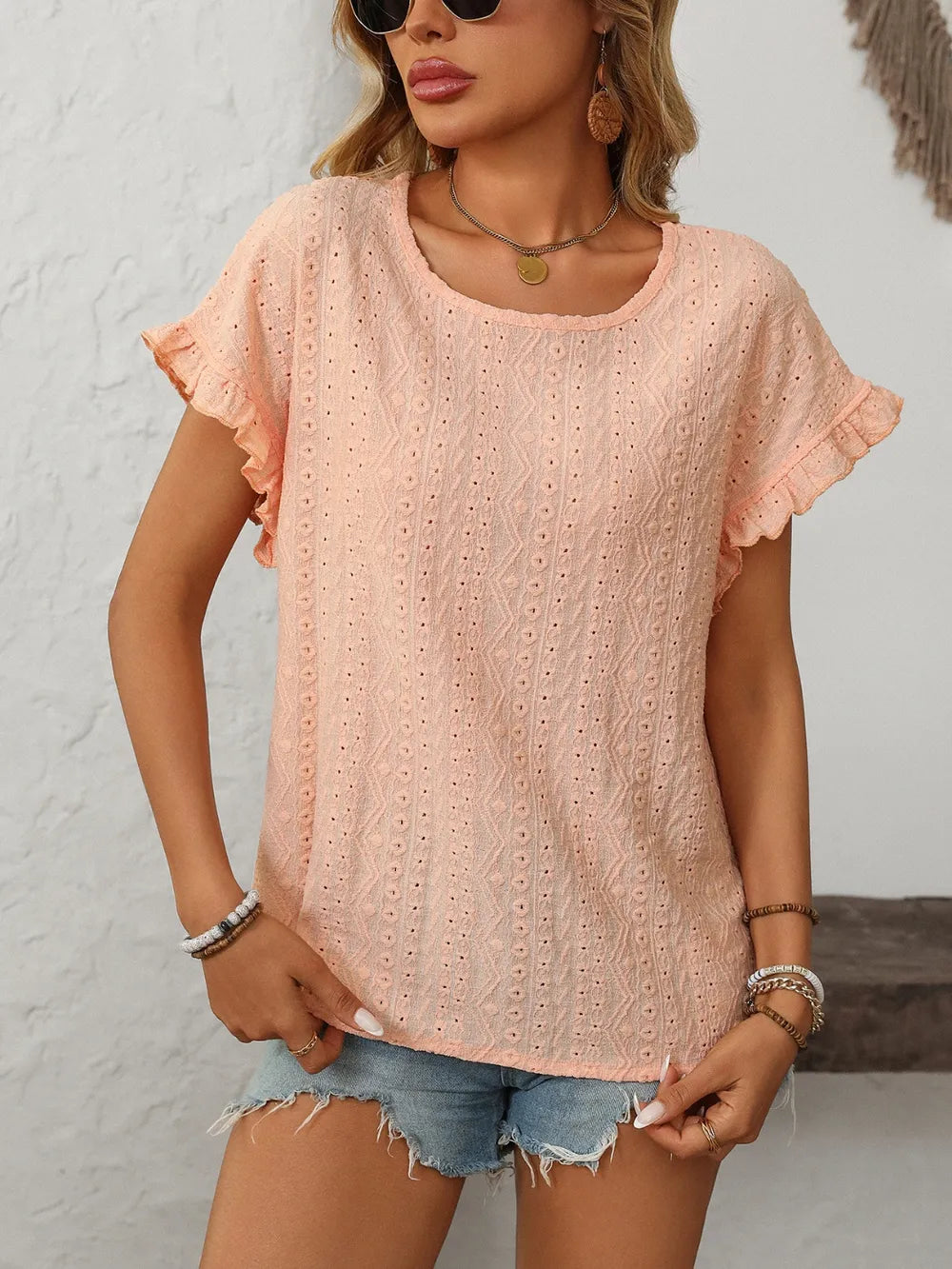 Eyelet Round Neck Short Sleeve Top (3)