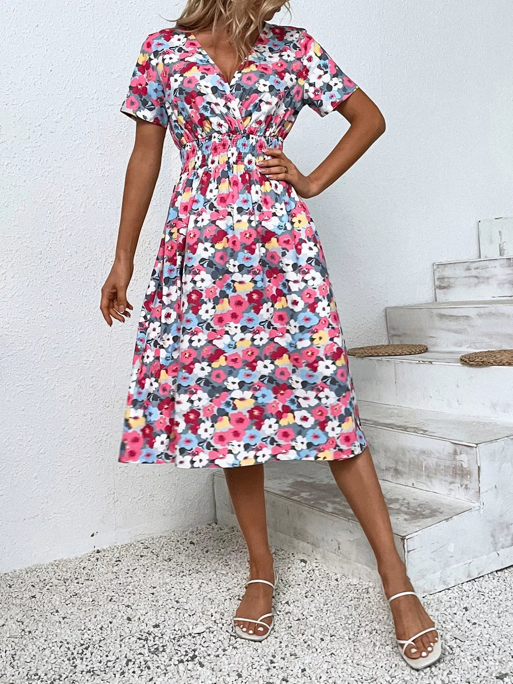Printed Short Sleeve Midi Dress (30)