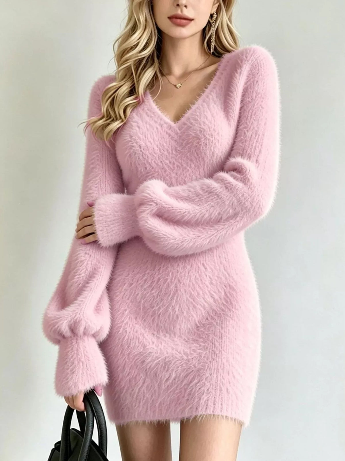 Fuzzy V-neck Long Sleeve Sweater Dress (2)