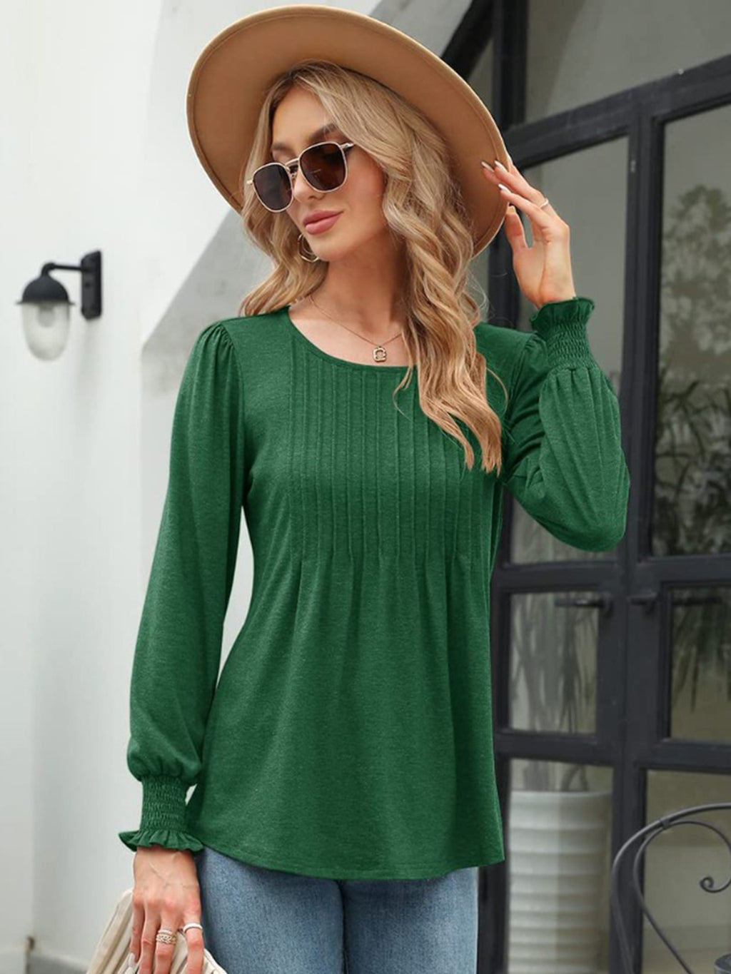 Smocked Round Neck Lantern Sleeve Blouse (2)