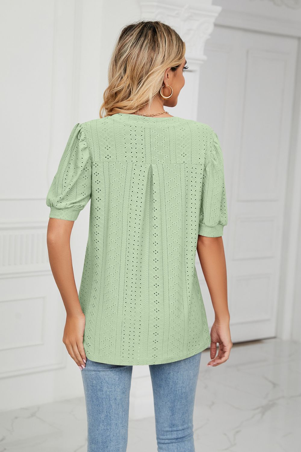 Eyelet Short Puff Sleeve Notched Neck Top (16)