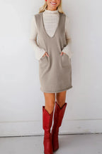 Pocketed V-neck Mini Sweater Overall Dress (19)