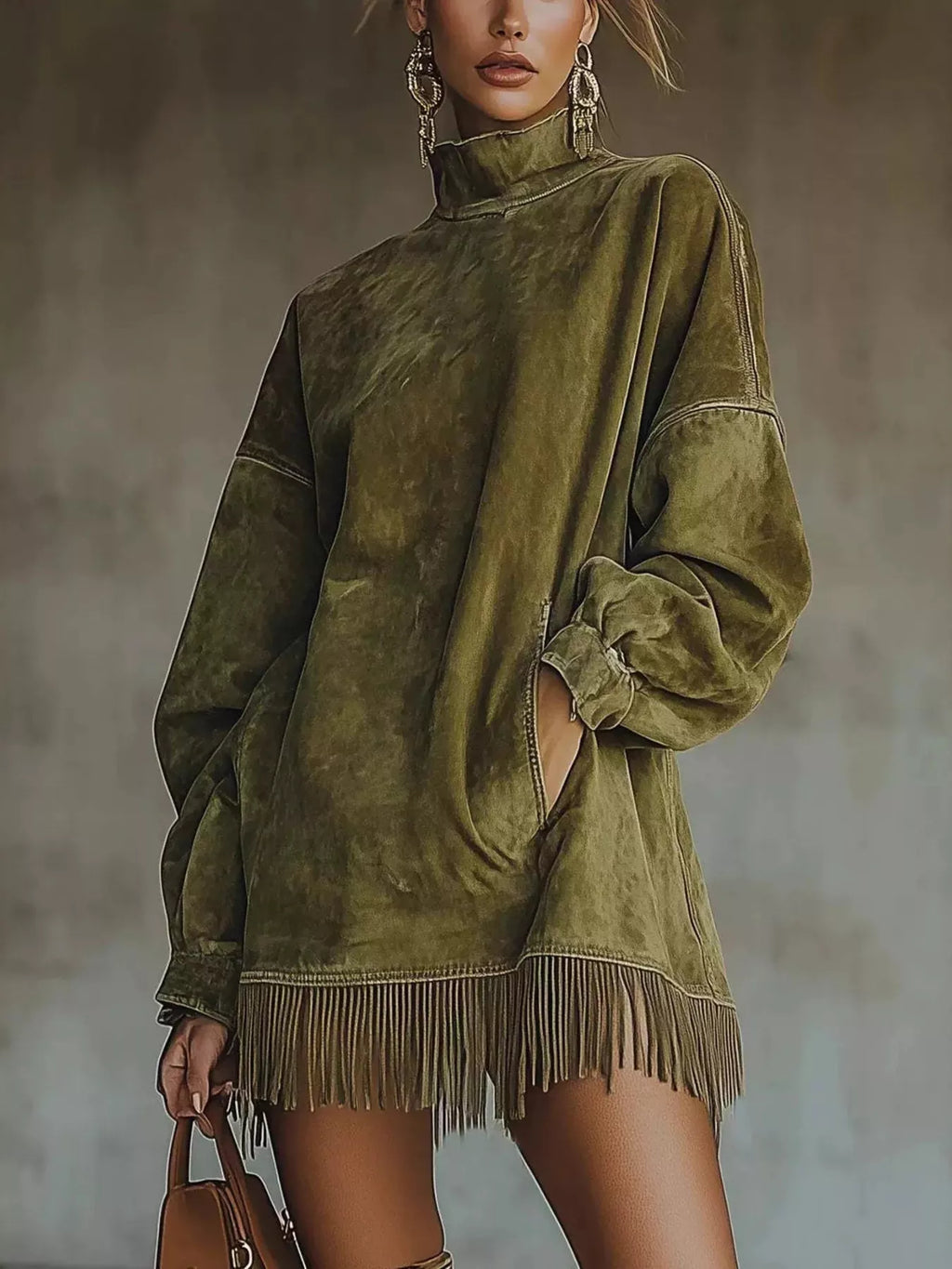 Full Size Mock Neck Fringed Hem Long Sleeve Mini Dress Plus (6)