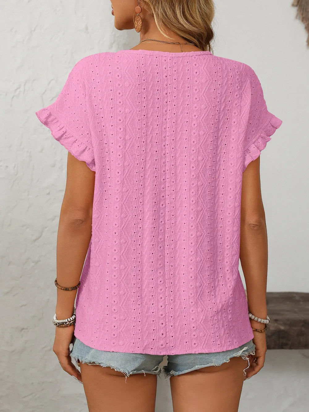 Eyelet Round Neck Short Sleeve Top (17)
