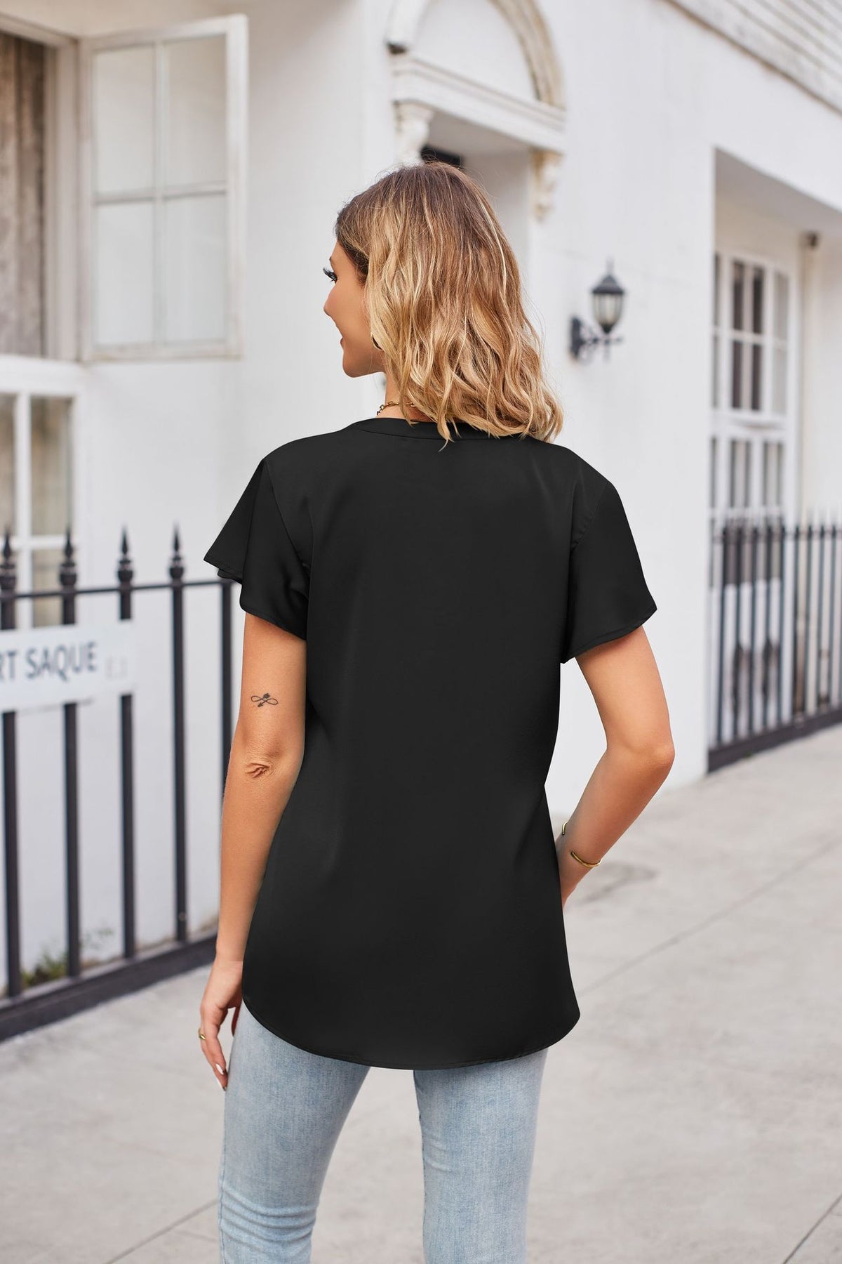 Notched Neck Flutter Sleeve Satin Top (14)