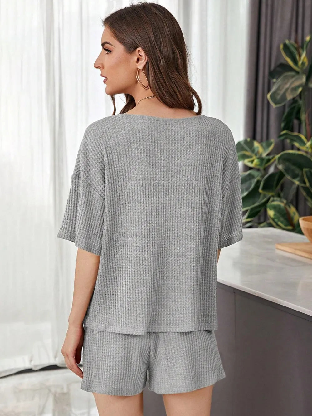 Full Size Waffle-knit Dropped Shoulder Top Shorts Set (2)