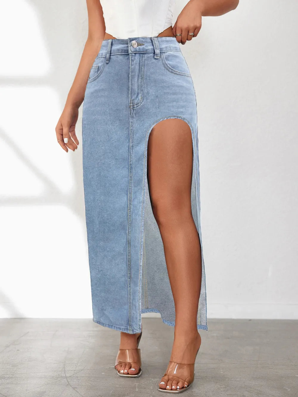 High Rise Slit Denim Skirt (4)