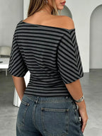 One Shoulder Striped Dolman Sleeve T-shirt (3)