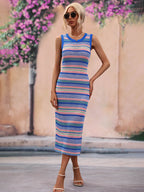 Striped Round Neck Sleeveless Midi Cover Up Dress (7)
