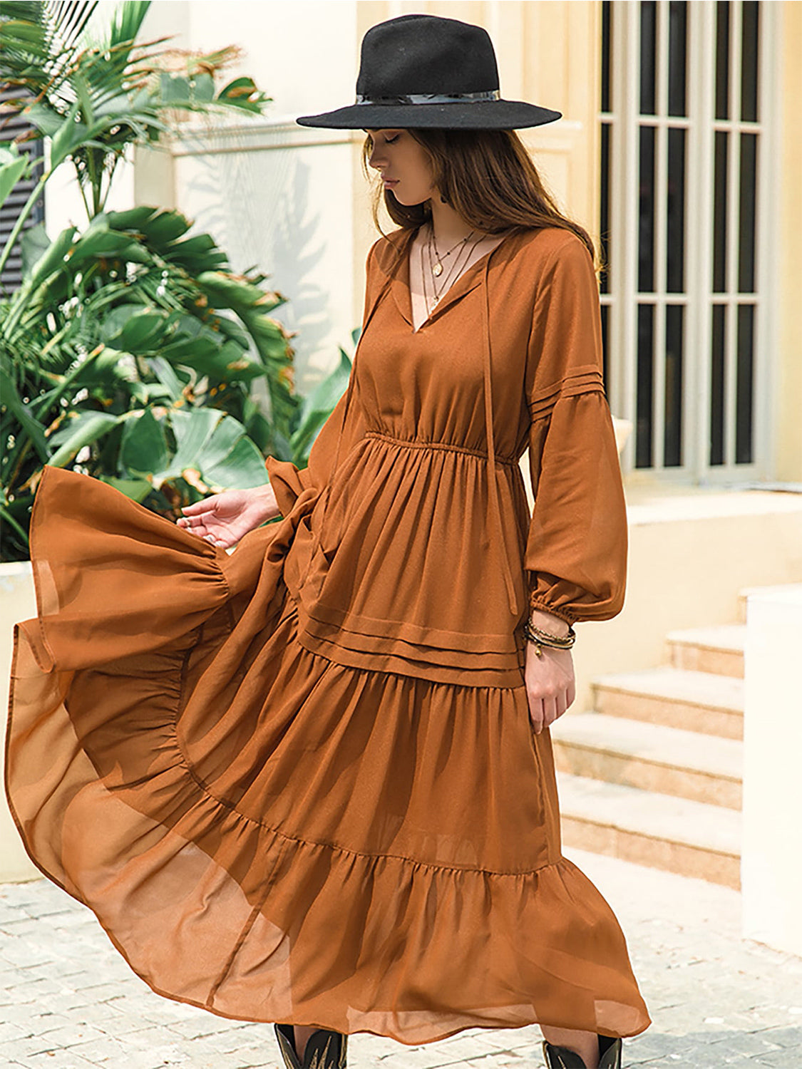 Tie Neck Long Sleeve Midi Tiered Dress (35)