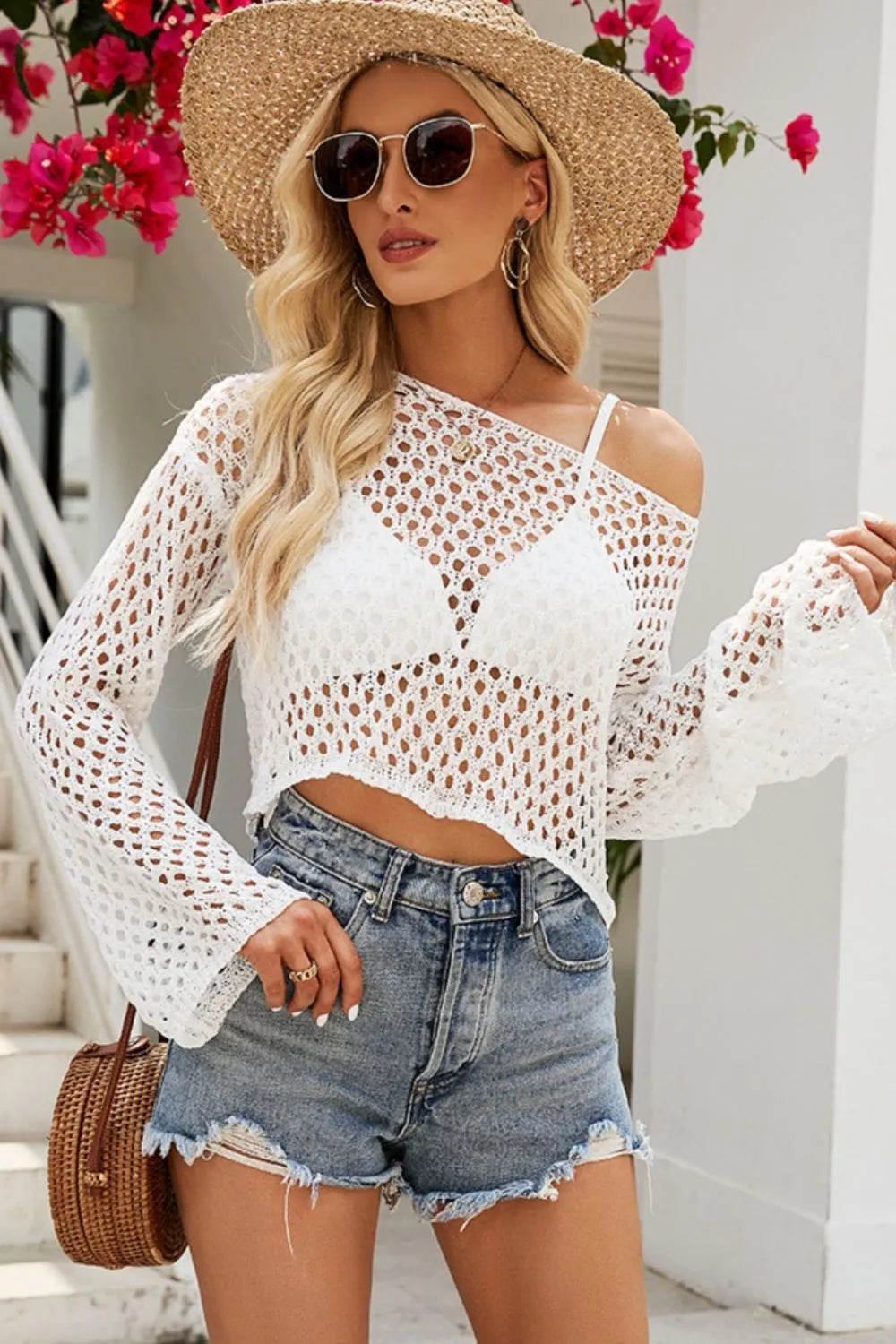 Openwork Round Neck Dropped Shoulder Knit Top (6)