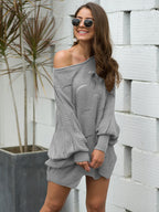 Full Size Boat Neck Lantern Sleeve Openwork Knit Top (21)
