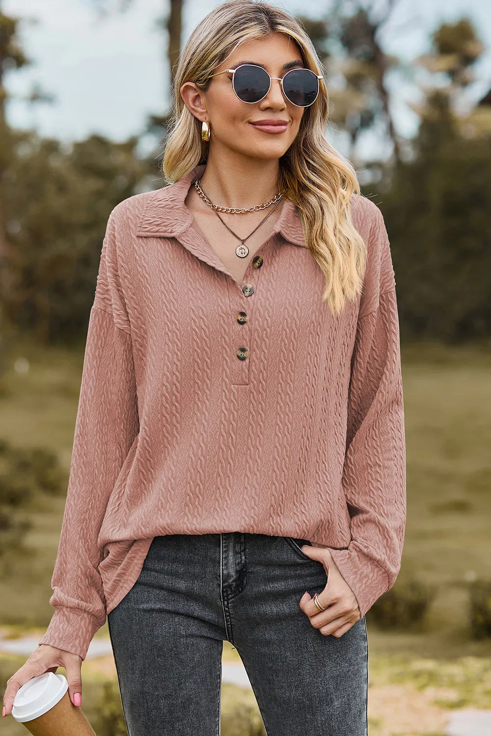 Half Button Dropped Shoulder Blouse (14)