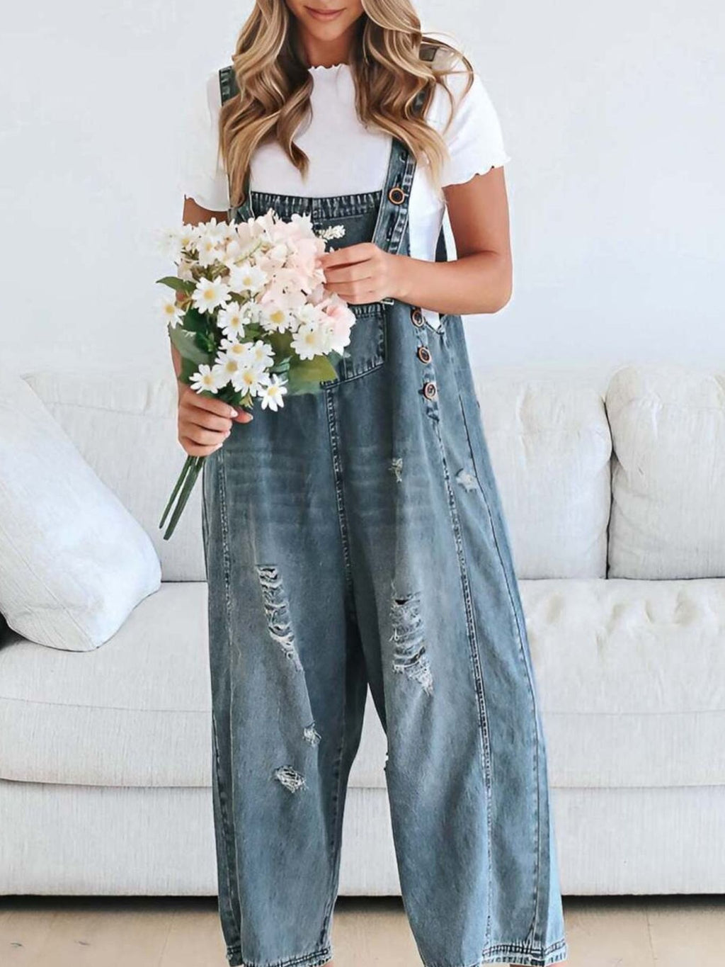 Distressed Wide Leg Denim Overalls (3)