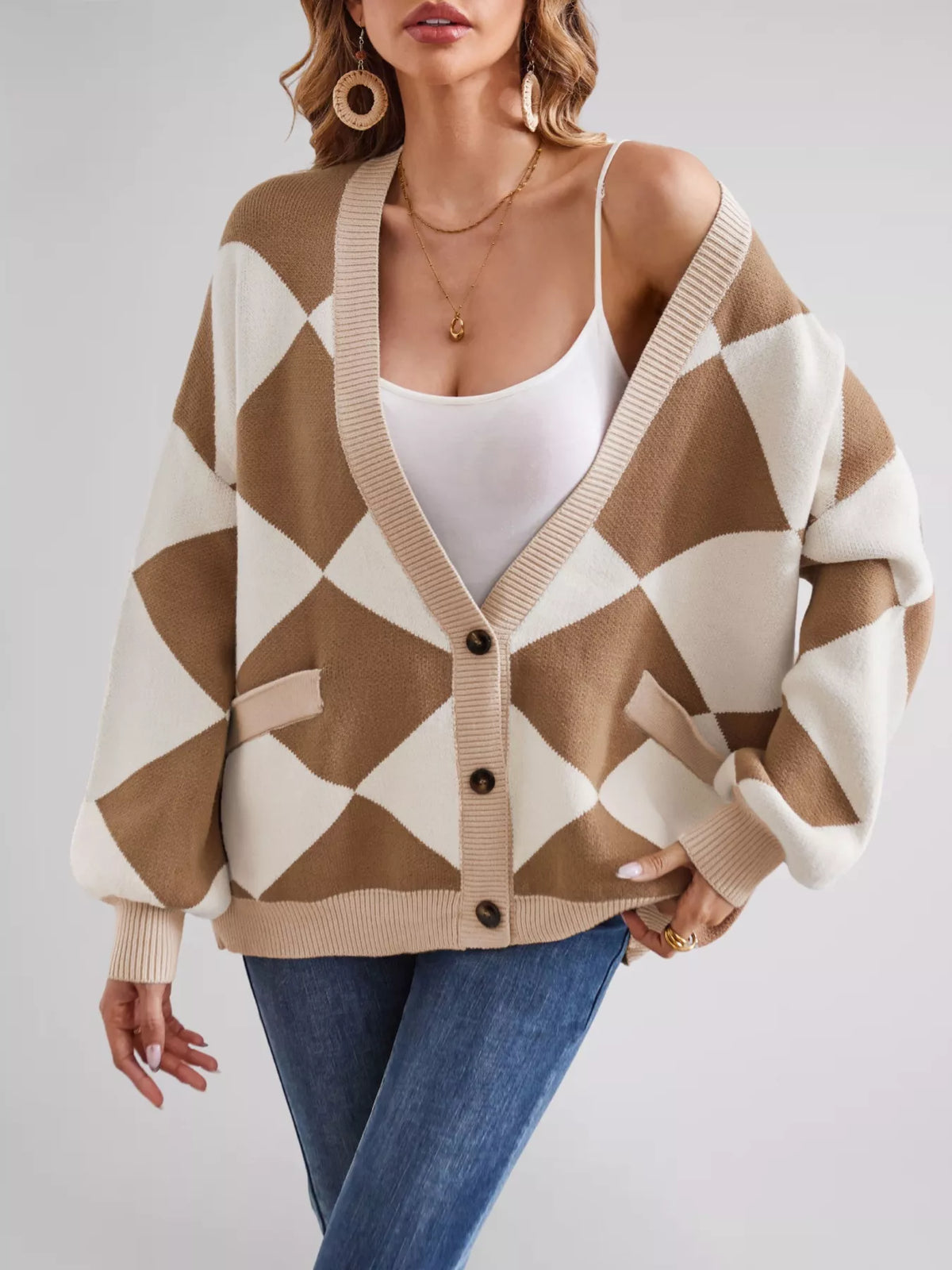 Diamond Pattern Button-up Knit Cardigan (4)