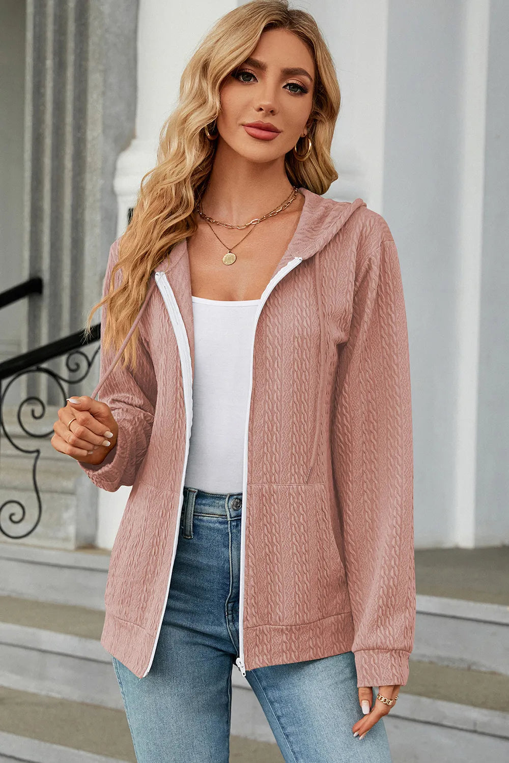 Drawstring Zip Up Long Sleeve Hoodie (17)