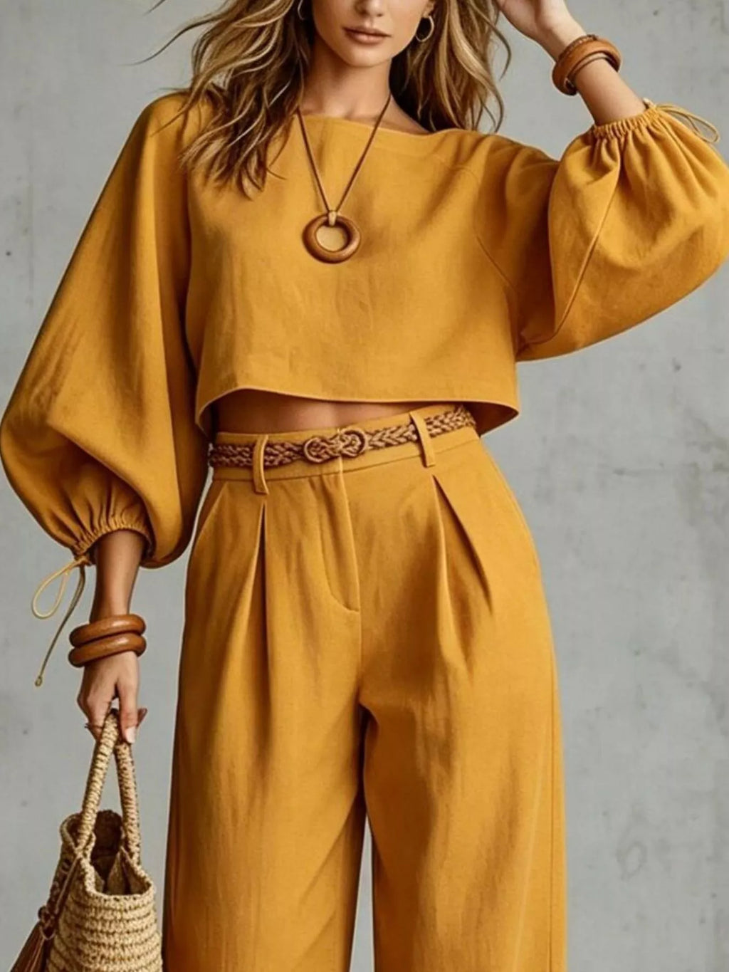 Balloon Sleeve Crop Top Wide-leg Pants Set (2)