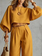 Balloon Sleeve Crop Top Wide-leg Pants Set (2)