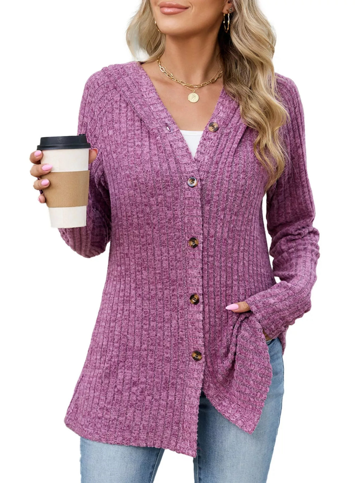 Ribbed Knit Hooded Button-down Cardigan (2)