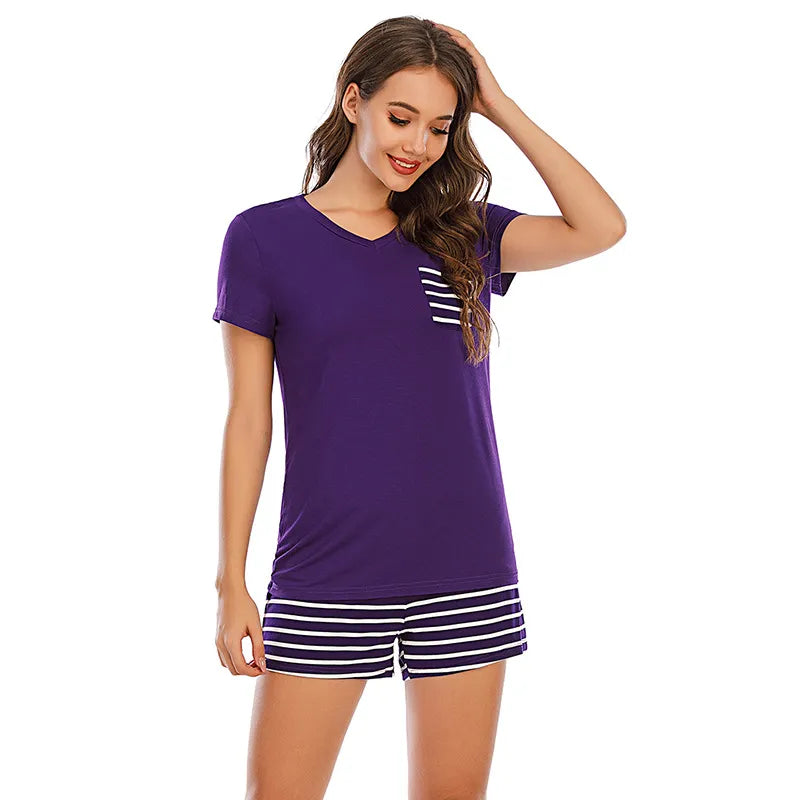 Striped Short Sleeve Top Shorts Lounge Set (22)