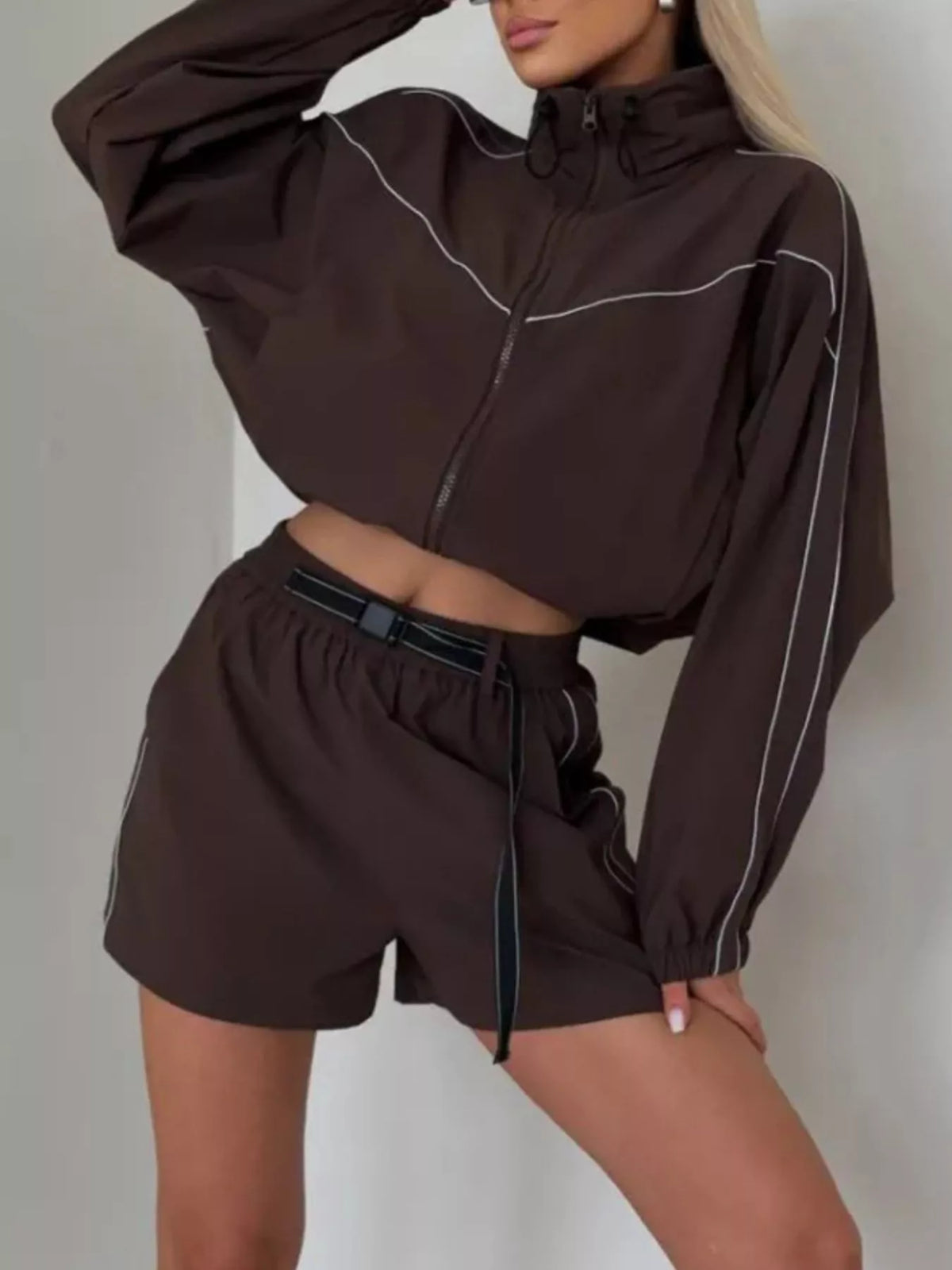 Drawstring Zip-up Jacket Shorts Set (3)
