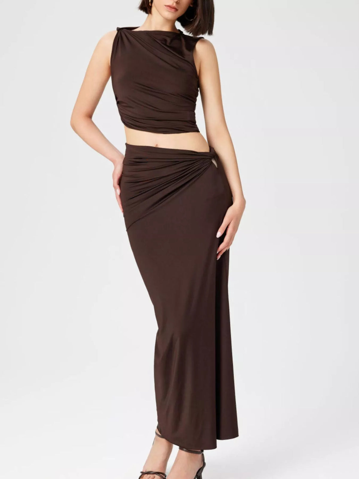 Asymmetrical Ruched Knit Top Skirt Set (2)