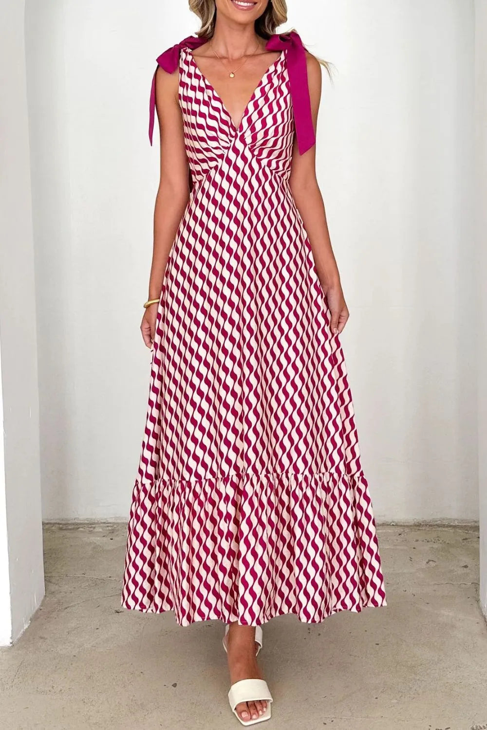 Printed V-neck Tie Shoulder Midi Cami Dress