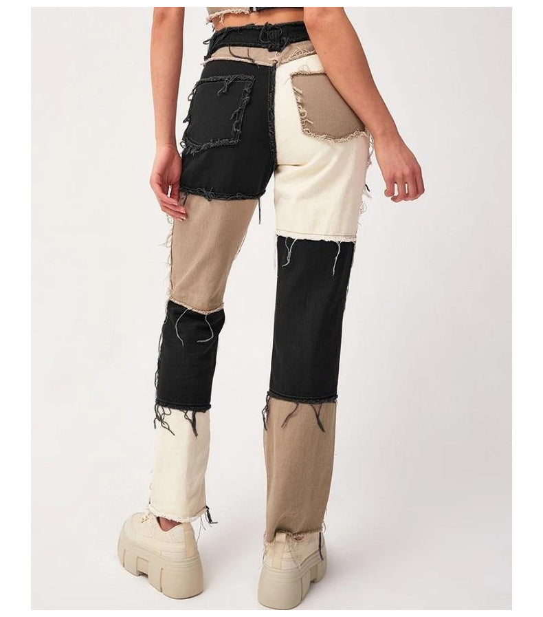 High Elastic Stitching Raw Edge Straight-leg Jeans variant CJNS100374201AZ|CJNS100374202BY|CJNS100374203CX|CJNS100374204DW|CJNS100374205EV|CJNS100374222VE