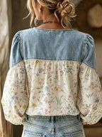 Full Size Denim Patchwork Floral Top Plus (2)