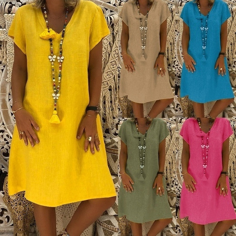 Print Short-sleeved V-neck Mid-length Dress photo 1