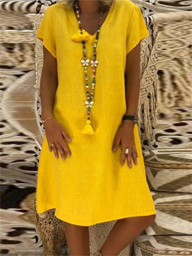 Print Short-sleeved V-neck Mid-length Dress variant CJNS102538601AZ|CJNS102538602BY|CJNS102538603CX|CJNS102538604DW|CJNS102538605EV|CJNS102538606FU|CJNS102538607GT|CJNS102538608HS
