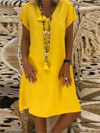 Print Short-sleeved V-neck Mid-length Dress variant CJNS102538601AZ|CJNS102538602BY|CJNS102538603CX|CJNS102538604DW|CJNS102538605EV|CJNS102538606FU|CJNS102538607GT|CJNS102538608HS