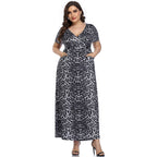 Broken Beautiful Leopard V-neck Long Dress Short Sleeves variant CJNS103496301AZ|CJNS103496302BY|CJNS103496303CX|CJNS103496304DW|CJNS103496305EV
