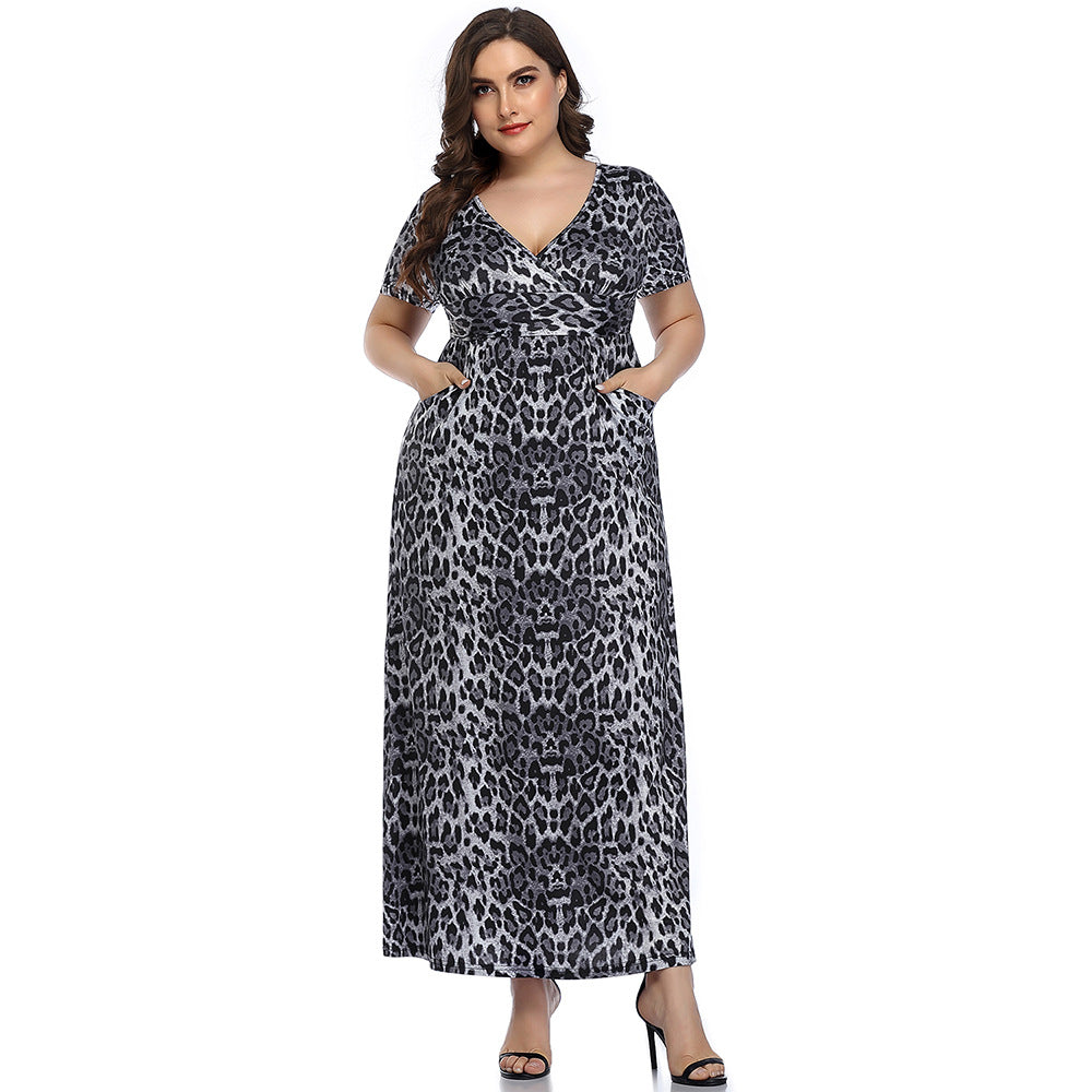 Broken Beautiful Leopard V-neck Long Dress Short Sleeves variant CJNS103496301AZ|CJNS103496302BY|CJNS103496303CX|CJNS103496304DW|CJNS103496305EV